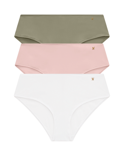 The Stretch Mid Rise Bikini Brief Bundle 3 Pack - Pink/White/Sage